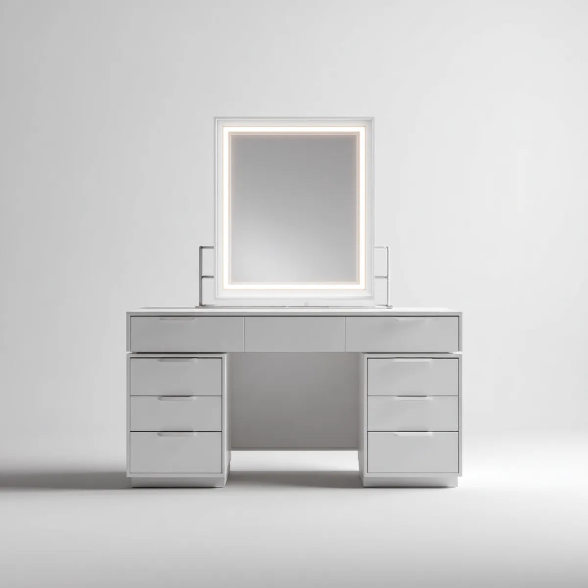 Toaletka, Opaska z białym lustrem LED 120 x 50 x 145 cm w prostokątnych panelach MDF z 9 szufladami