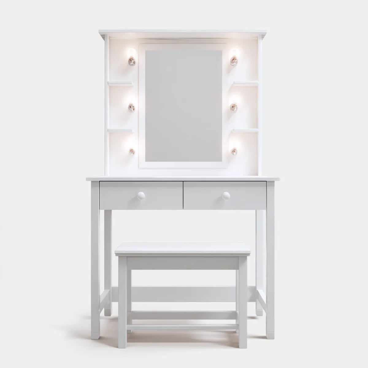 Toaletka, Toeletta z podświetlanym lustrem i białym stolcem 80 x 40 x 140 cm w prostokątnym MDF