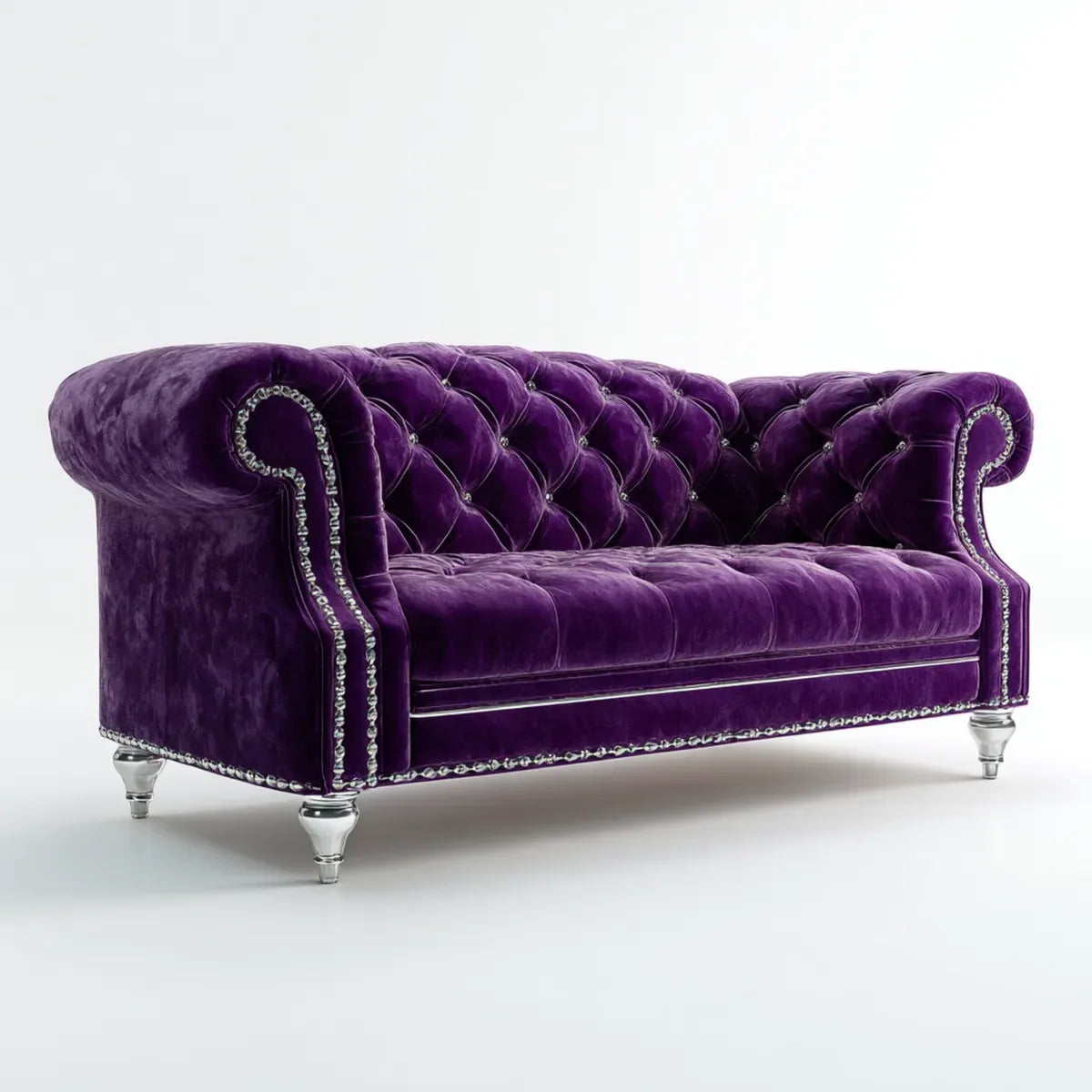 Sofa, Chesterfield sofa 3 miejsca fioletowy w prostokątna poliester aksamit 210 x 90 x 78 cm