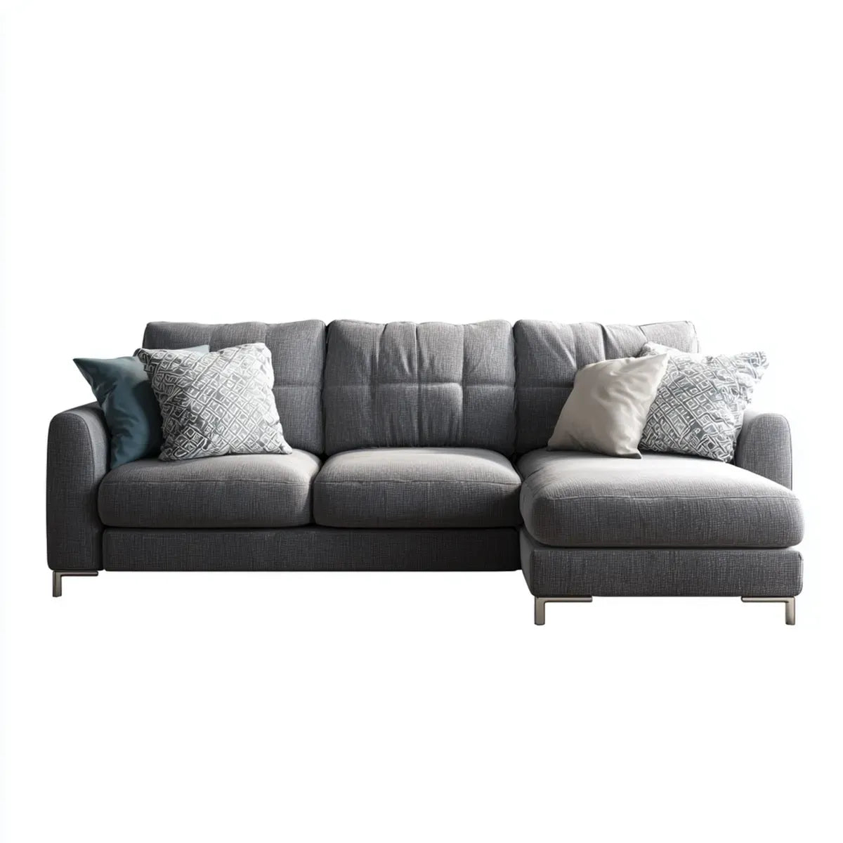 Sofa, Kanapa narożna 3 fotele z krzesełkiem z prawej szarej, 280 x 160 x 85 cm w kształcie poliestru L