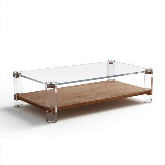 Stolik kawowy, Przezroczysty prostokątny stół do kawy w PMMA i MDF z dębu bitumicznego 120 x 60 x 40 cm