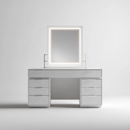 Toaletka, Opaska z białym lustrem LED 120 x 50 x 145 cm w prostokątnych panelach MDF z 9 szufladami