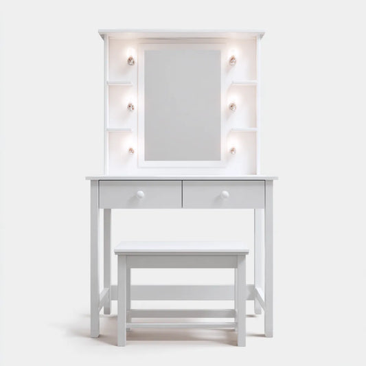 Toaletka, Toeletta z podświetlanym lustrem i białym stolcem 80 x 40 x 140 cm w prostokątnym MDF