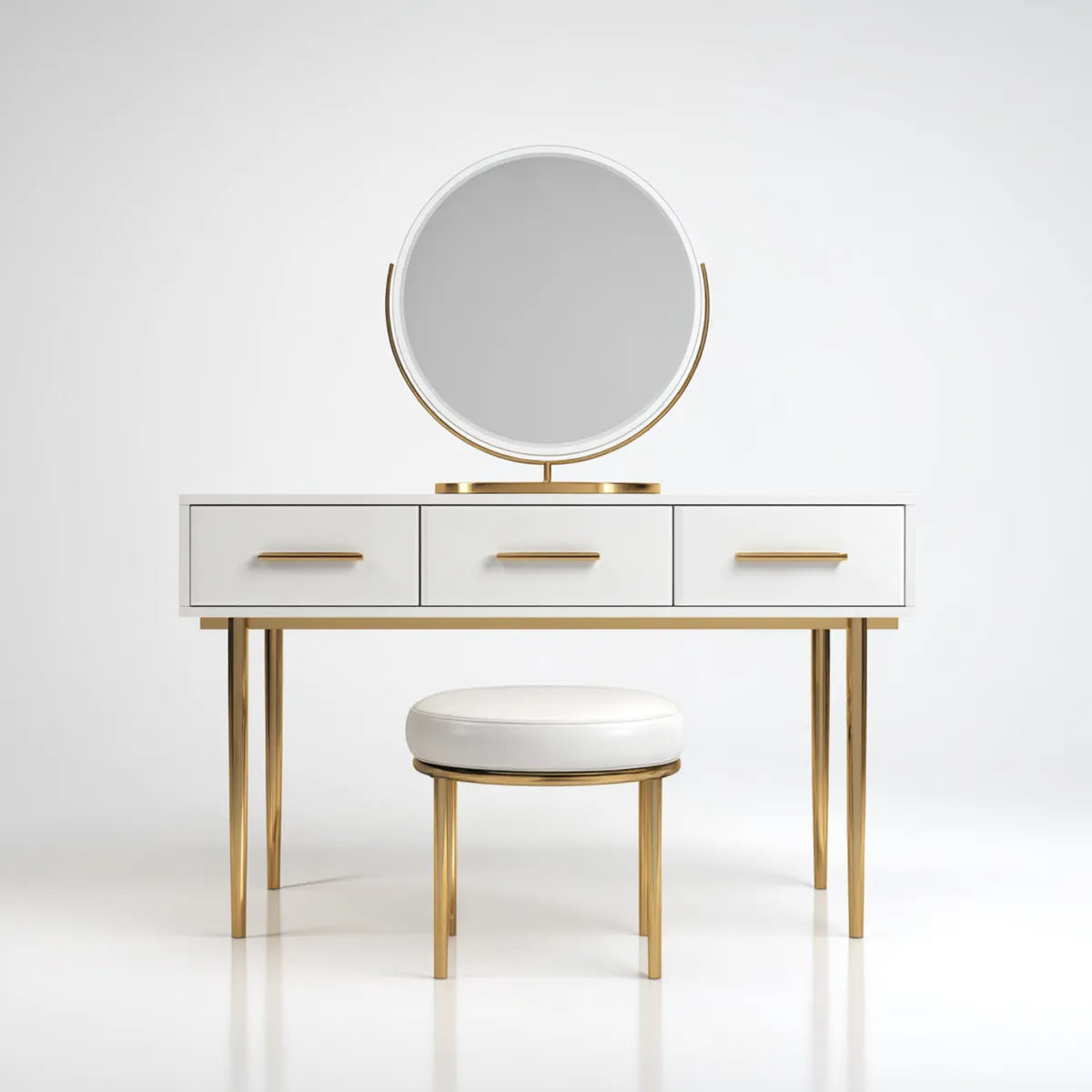 Toaletka, Fryzjerka biała i złota z okrągłym lustrem i stołem 110 x 40 x 145 cm ze stali MDF i szkła