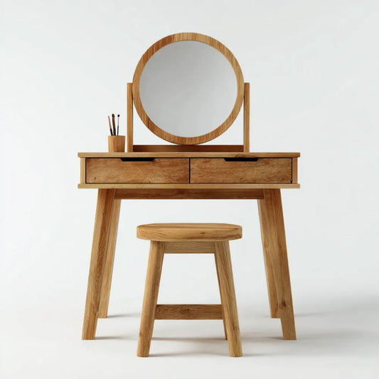 Toaletka, Naturalna lity dąb birmadeoob fryzjer z okrągłym mirror i stołek, 100 x 45 x 145 cm