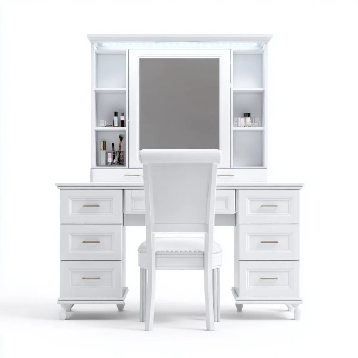 Toaletka, Opaska na głowę z prostokątnym białym lustrem LED 140 x 45 x 170 cm w panelach MDF z stolcem