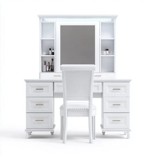 Toaletka, Opaska na głowę z prostokątnym białym lustrem LED 140 x 45 x 170 cm w panelach MDF z stolcem