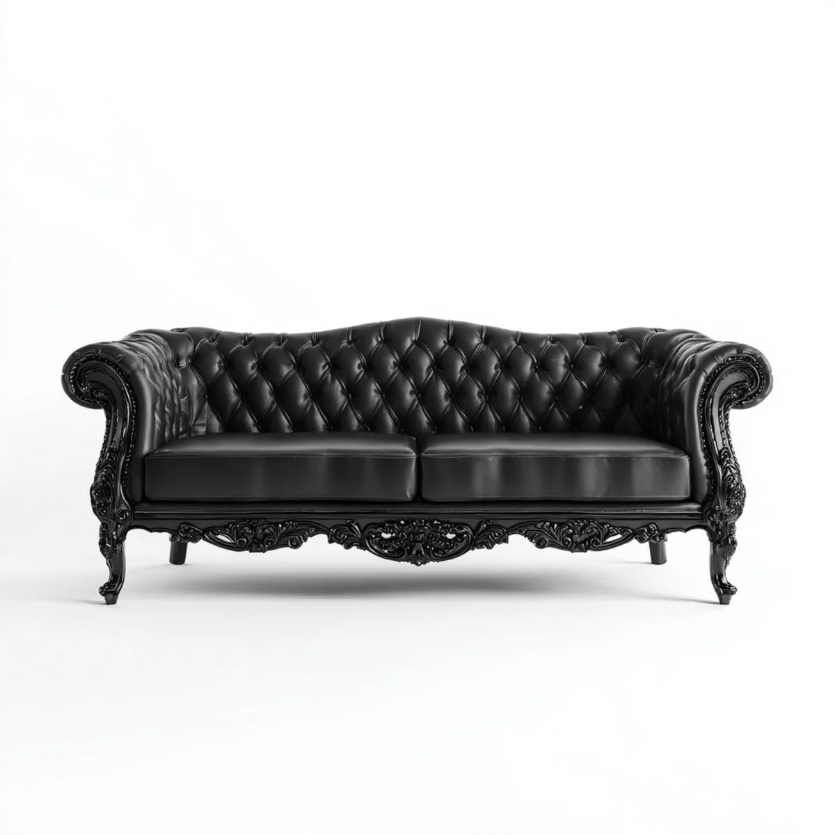 Sofa, Chesterfield sofa 3 fotele czarne ze skóry syntetycznej PU z litego drewna ramki 220 x 90 x 80 cm