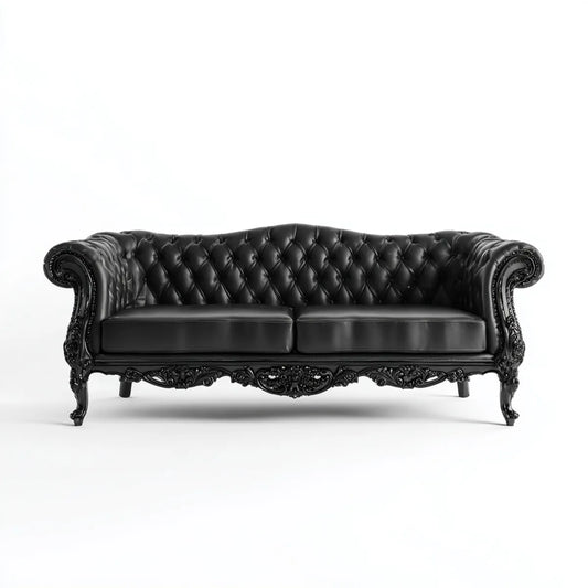 Sofa, Chesterfield sofa 3 fotele czarne ze skóry syntetycznej PU z litego drewna ramki 220 x 90 x 80 cm