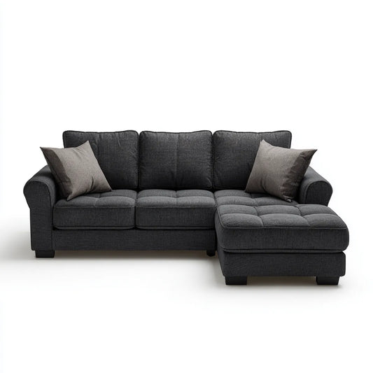 Sofa, Kanapa narożna z szarym półwyspem poliestrowym 250 x 160 x 85 cm
