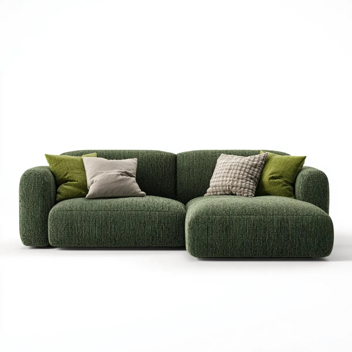 Sofa, Rożna sofa 3 ciemnozielone miejsca w aksamicie na żeberka poliestrowe z krzesełkiem z prawej strony 250 x 160 x 75 cm
