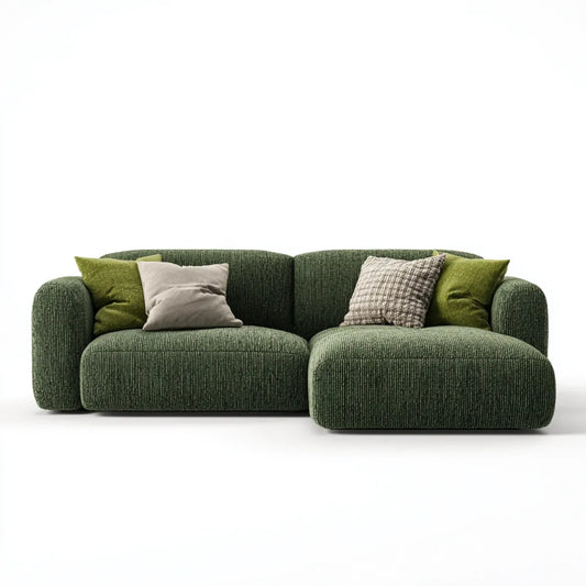 Sofa, Rożna sofa 3 ciemnozielone miejsca w aksamicie na żeberka poliestrowe z krzesełkiem z prawej strony 250 x 160 x 75 cm