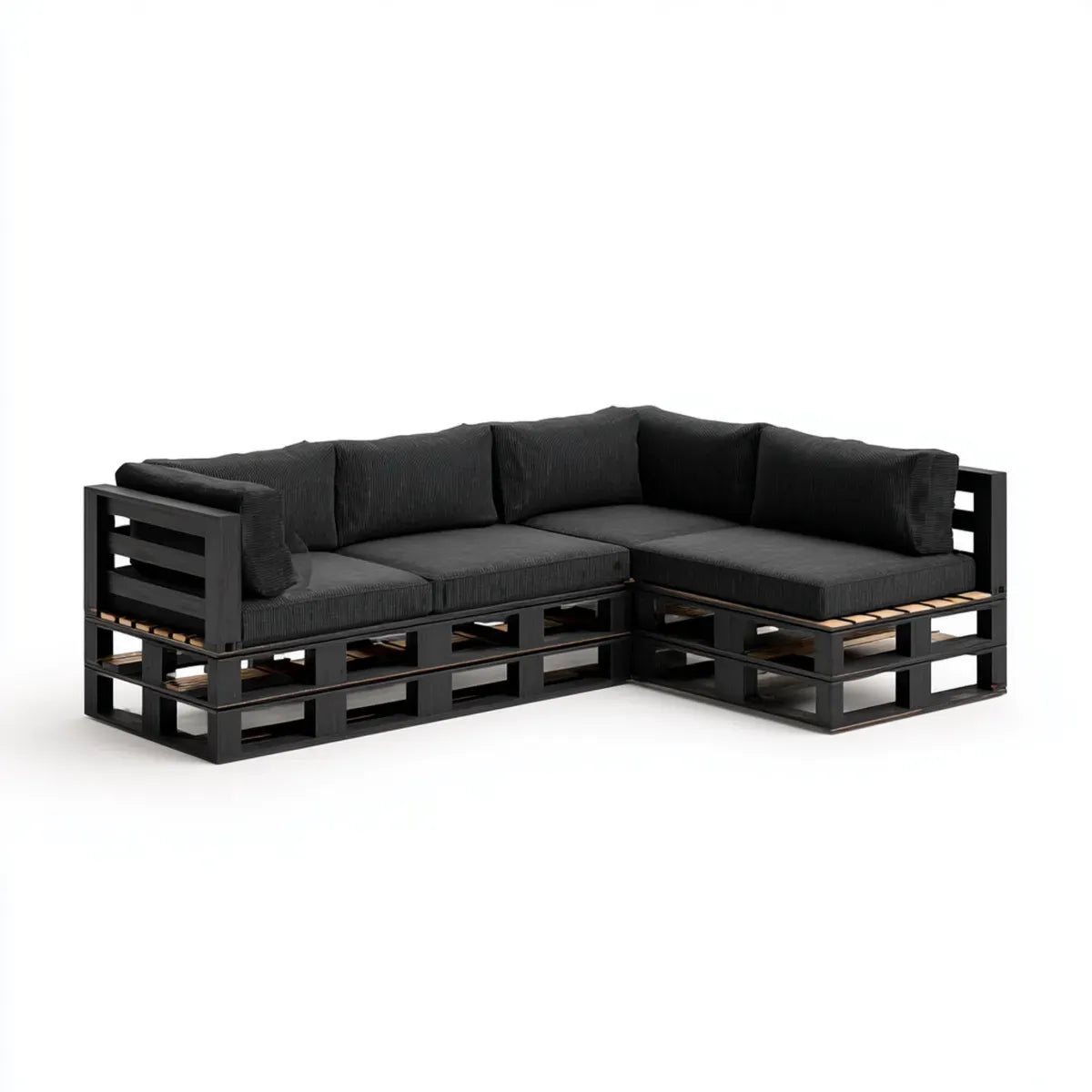 Sofa w salonie paletowym narożna sofa czarna 220 x 160 x 70 cm drewno sosnowe kształt litery L