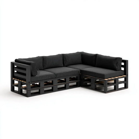 Sofa w salonie paletowym narożna sofa czarna 220 x 160 x 70 cm drewno sosnowe kształt litery L