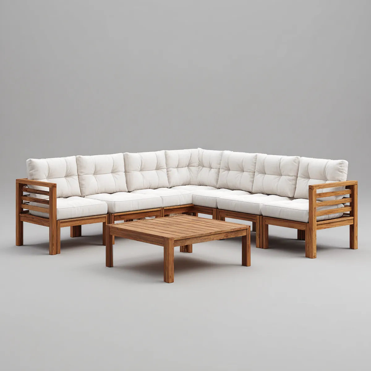 Sofa ogrodowa, Taras Lounge Set kształt litery L Przyroda Biała 5- fotelik 250 x 250 cm drewno akacja z poliestrową tapicerką