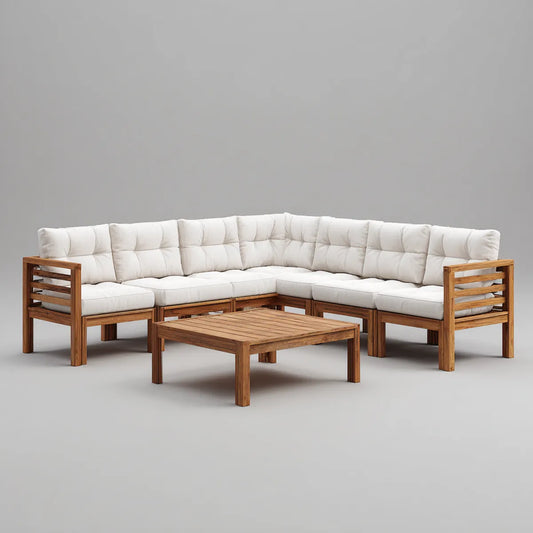 Sofa ogrodowa, Taras Lounge Set kształt litery L Przyroda Biała 5- fotelik 250 x 250 cm drewno akacja z poliestrową tapicerką
