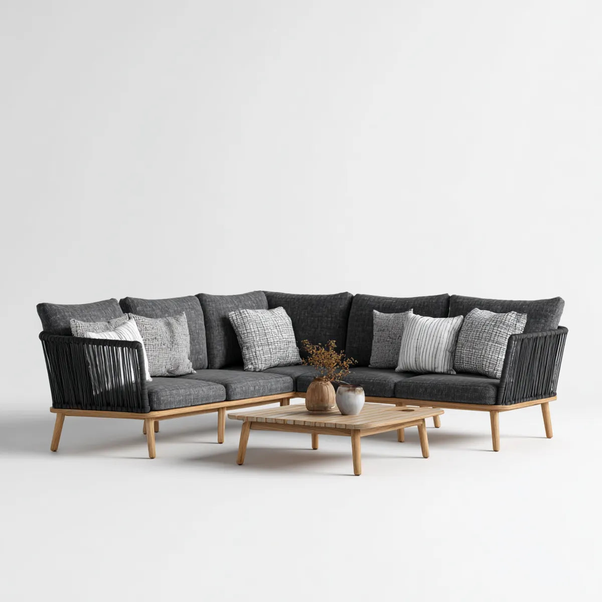 Sofa ogrodowa, Taras salon zestaw narożna sofa z stolik antracyt naturalny drewno akacji drewna poliestrowa lina pokrywająca kształt L- 270 x 210 cm
