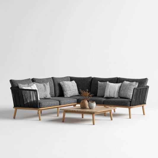 Sofa ogrodowa, Taras salon zestaw narożna sofa z stolik antracyt naturalny drewno akacji drewna poliestrowa lina pokrywająca kształt L- 270 x 210 cm