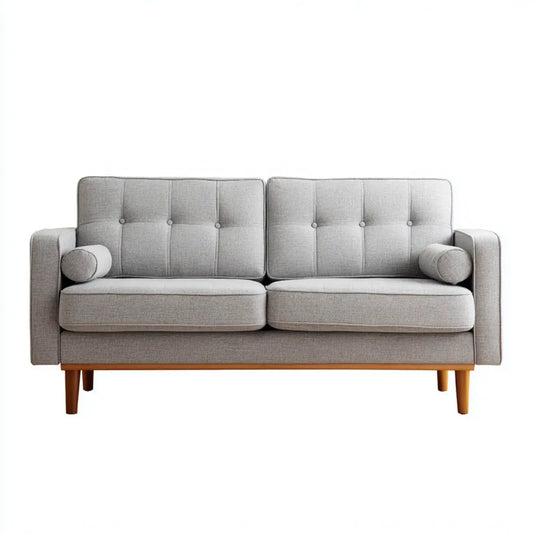 Sofa, Szara sofa poliestrowa z nogami w kształcie prostokątnym z litego drewna 160 x 78 x 85 cm