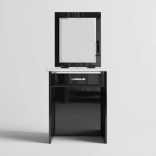 Toaletka, Czarne, błyszczące MDF Grzbiet z lusterka, szuflada i biały top, 80 x 40 x 140 cm