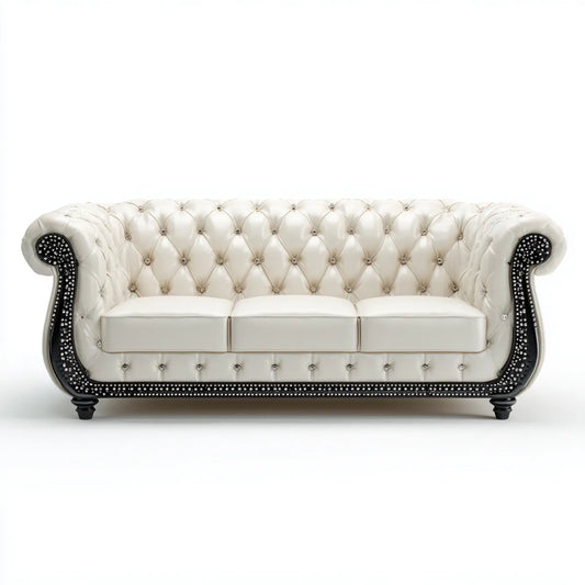 Sofa, Chesterfield 3- kanapa z tworzywa sztucznego biały czarny 225 x 90 x 80 cm PU- sztuczna skóra prostokątna