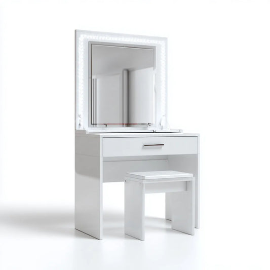 Toaletka, Opaska z lustrem LED i białym prostokątnym stołkiem 80 x 40 x 145 cm w panelach MDF