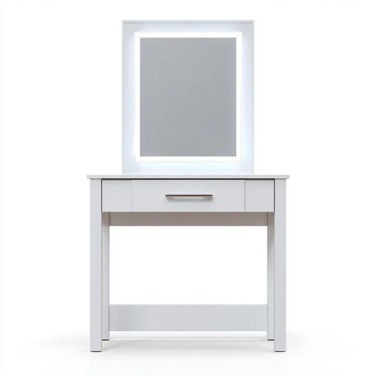 Toaletka, Biała fryzjerka z prostokątnym lustrem LED i szufladą 80 x 40 x 140 cm w panelach MDF