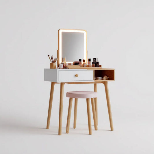 Toaletka, Białe drewno balsam z lustrem LED i światło białe różowy stołek, 80 x 40 x 125 cm