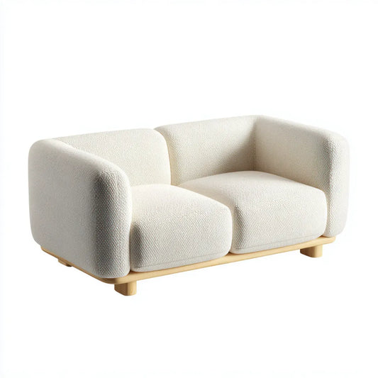 Sofa 2 miejsca zakrzywione z kości słoniowej 160 x 90 x 75 cm w bukle poliestrowym z podstawą z litego drewna