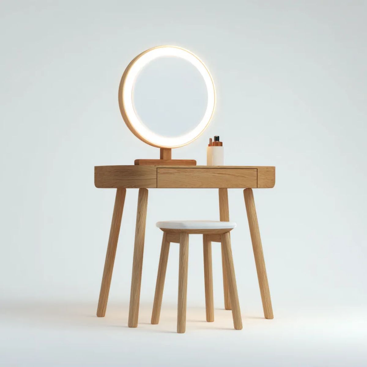 Toaletka, Drewniany fryzjer z diodą LED Mirror i Stołek, Dębowy i Birthwhite, 80 x 40 x 76 cm